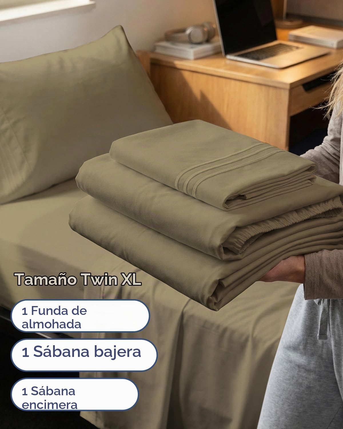 JUEGO DE SÁBANAS TWIN XL 3 PIEZAS MICROFIBRA CAQUI - 3