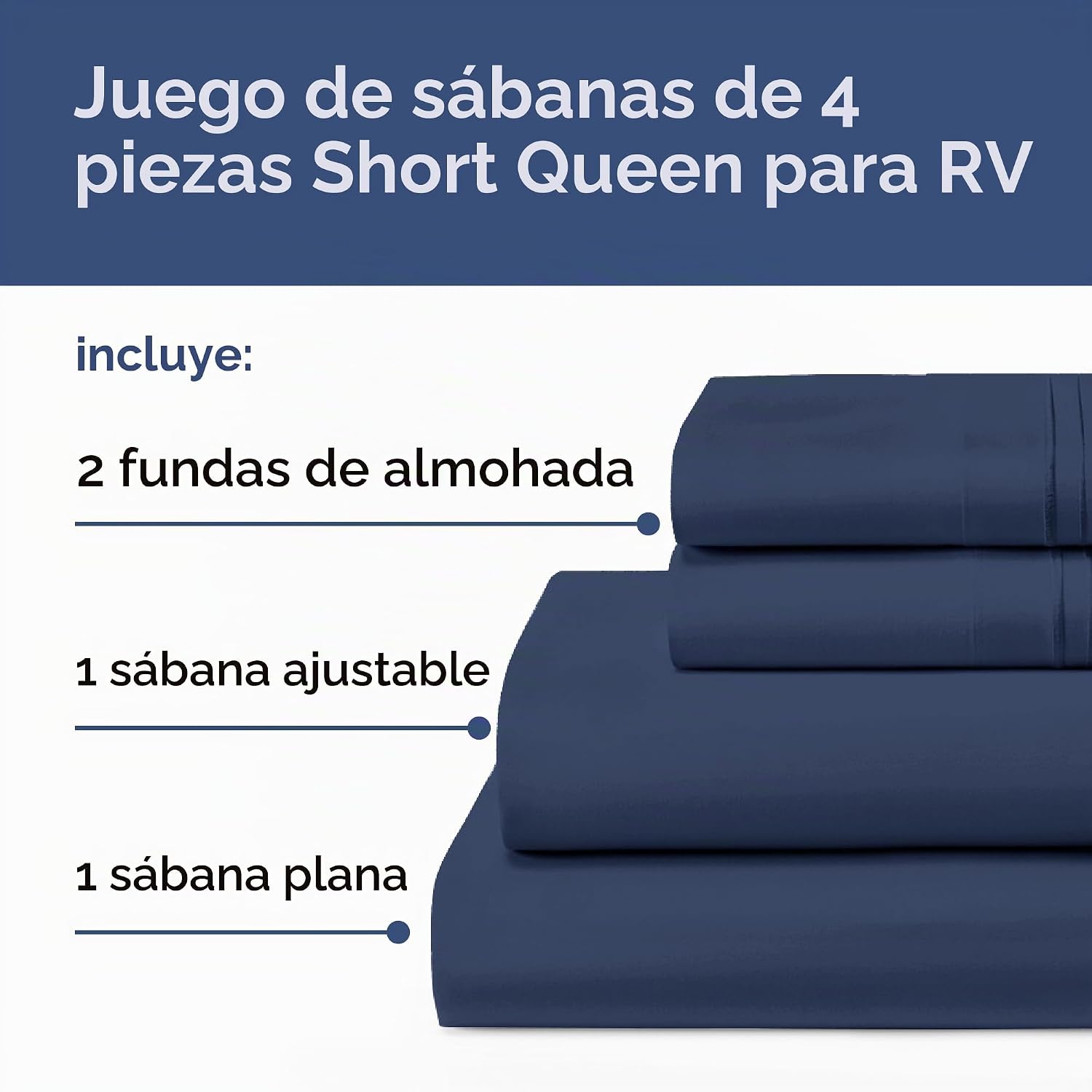 JUEGO DE SÁBANAS SHORT QUEEN 4 PIEZAS AZUL MARINO PARA CARAVANA - 2