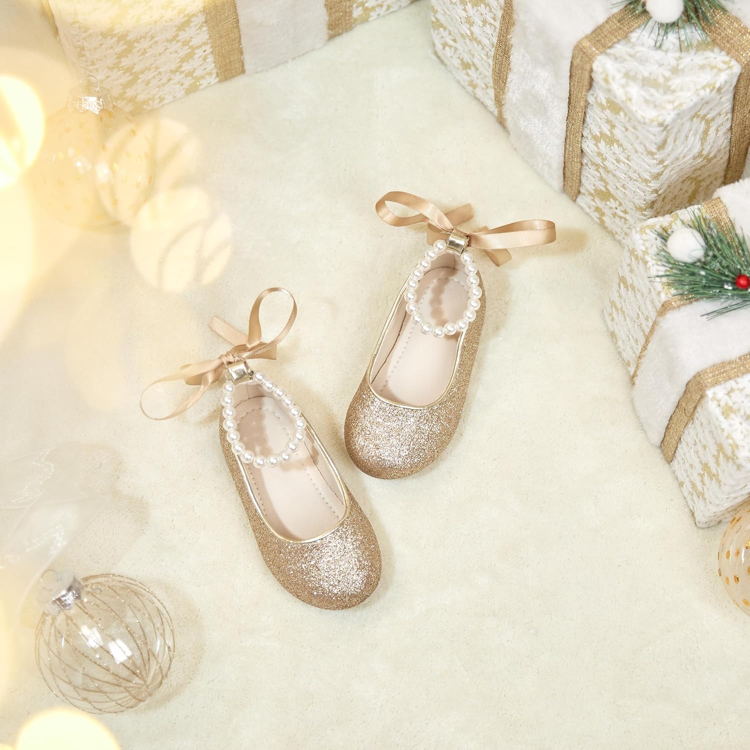 ZAPATOS PLANOS INFANTILES PHIRAMIN P20 DORADO CON FLORES Y CORREA DE PERLAS - 3
