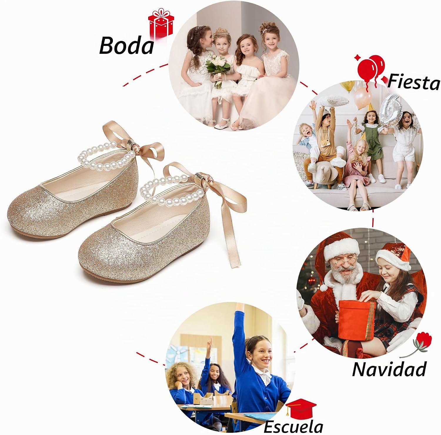 ZAPATOS PLANOS INFANTILES PHIRAMIN P20 DORADO CON FLORES Y CORREA DE PERLAS - 4