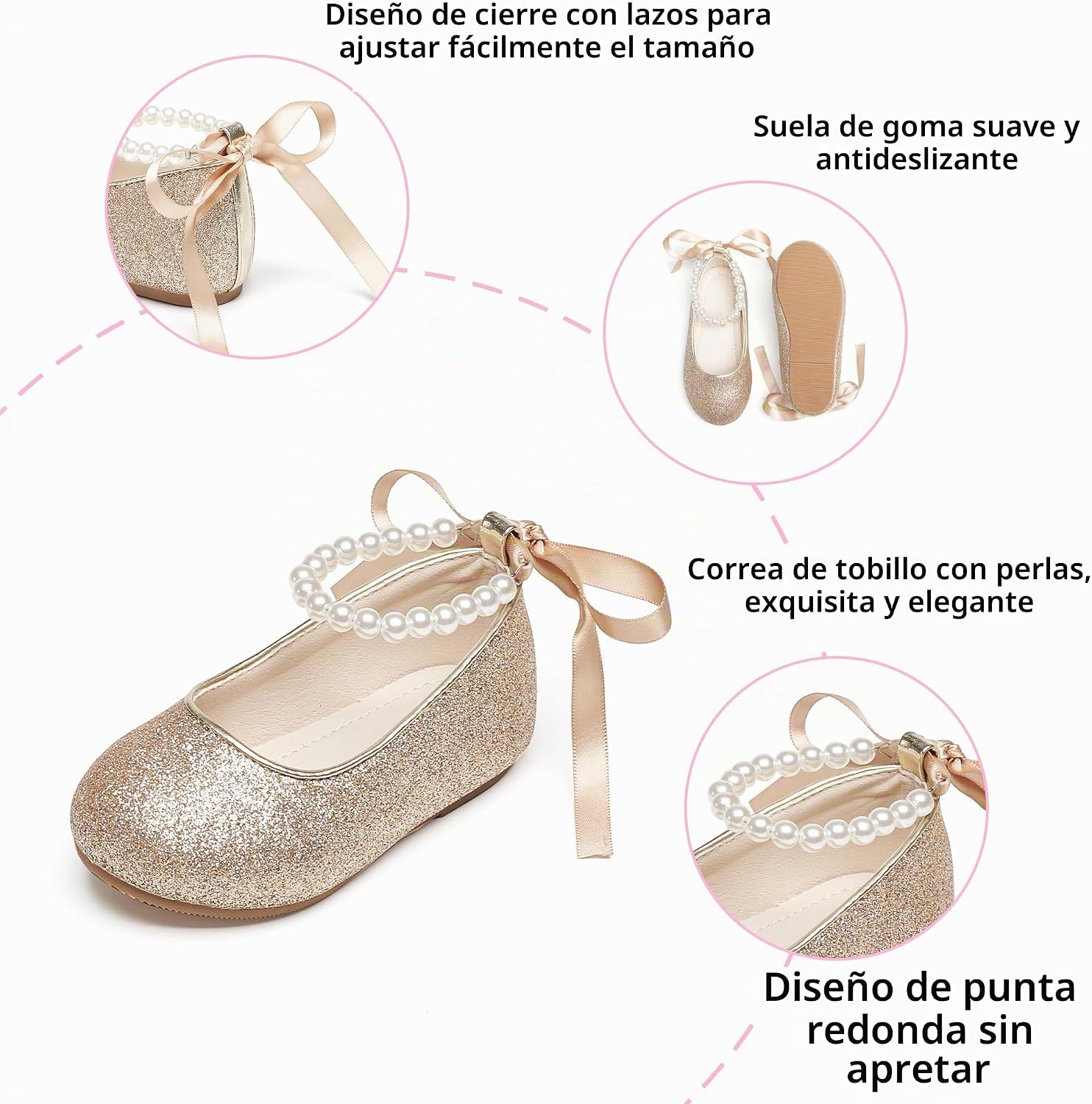 ZAPATOS PLANOS INFANTILES PHIRAMIN P20 DORADO CON FLORES Y CORREA DE PERLAS - 5