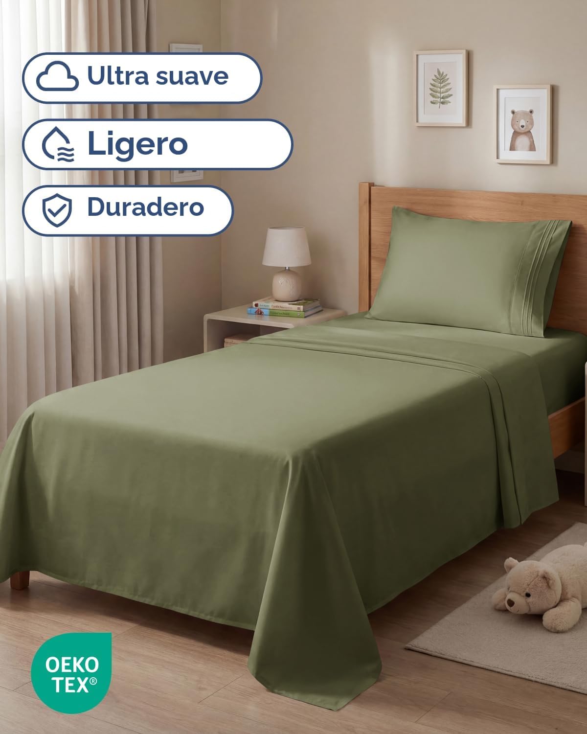 JUEGO DE SÁBANAS TWIN SIZE 3 PIEZAS MICROFIBRA VERDE SAGE - 2