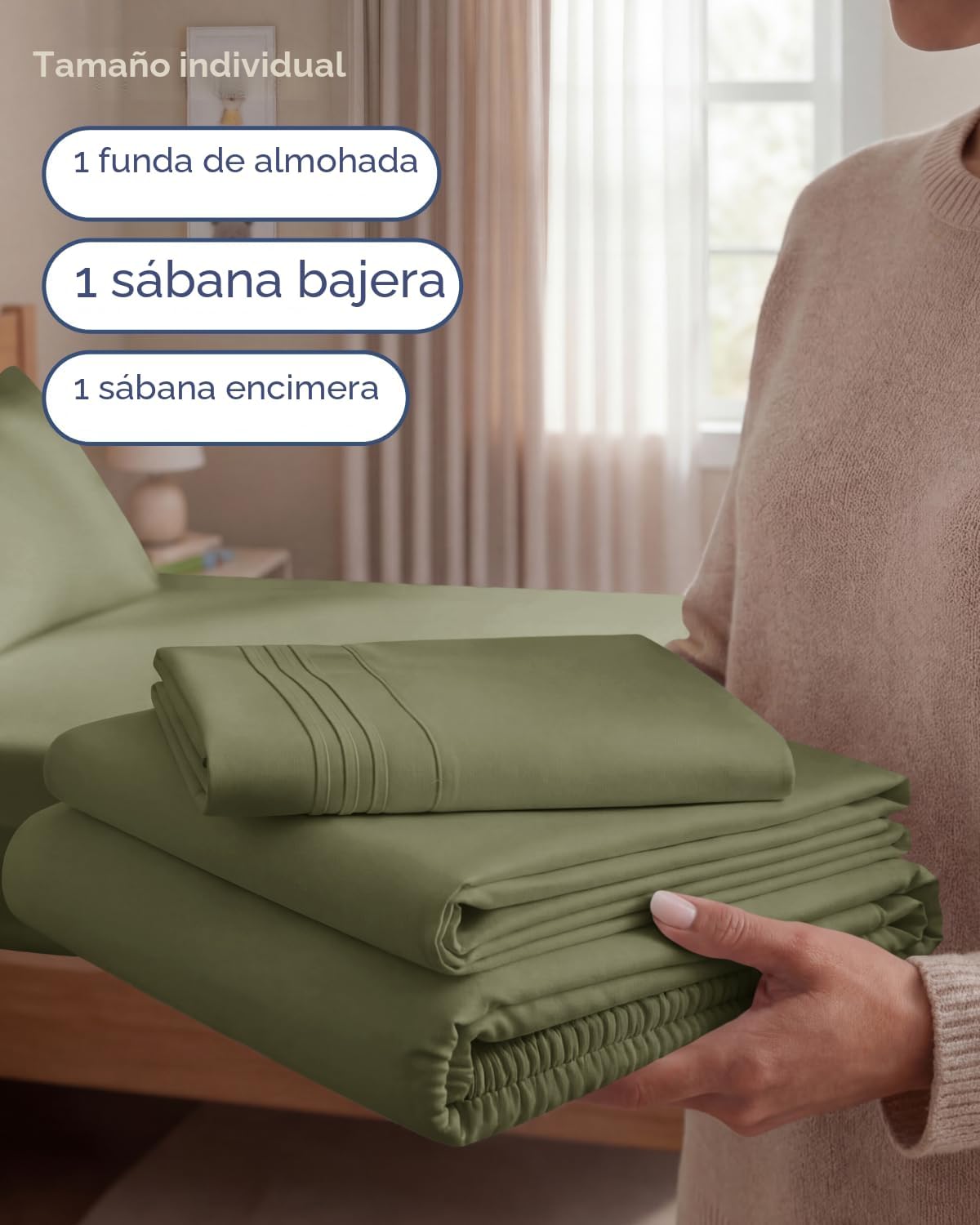 JUEGO DE SÁBANAS TWIN SIZE 3 PIEZAS MICROFIBRA VERDE SAGE - 3