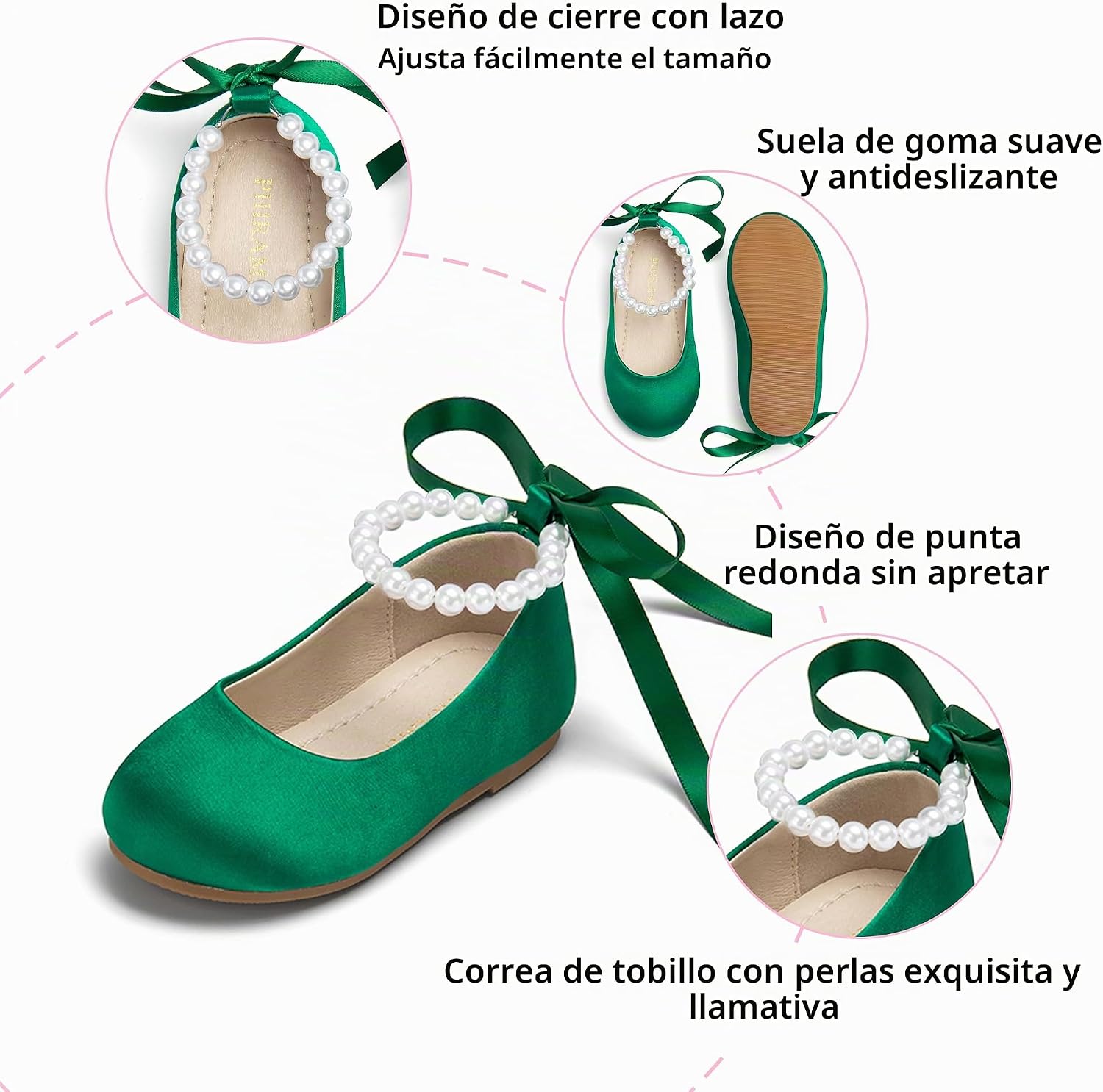ZAPATOS PLANOS PHIRAMIN PARA NIÑA CON DISEÑO FLORAL Y CORREA PERLA VERDE - 5