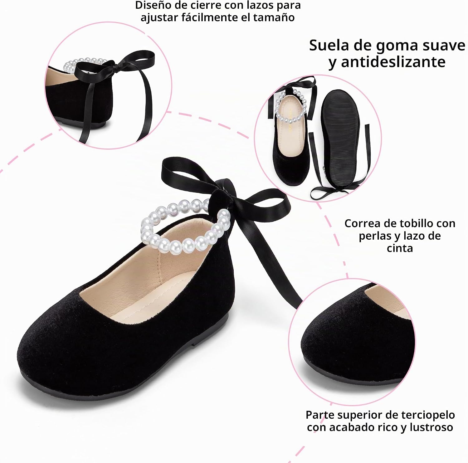 ZAPATOS PLANOS INFANTILES PHIRAMIN P20 TERCIOPELO NEGRO CON FLORES Y LAZOS - 5