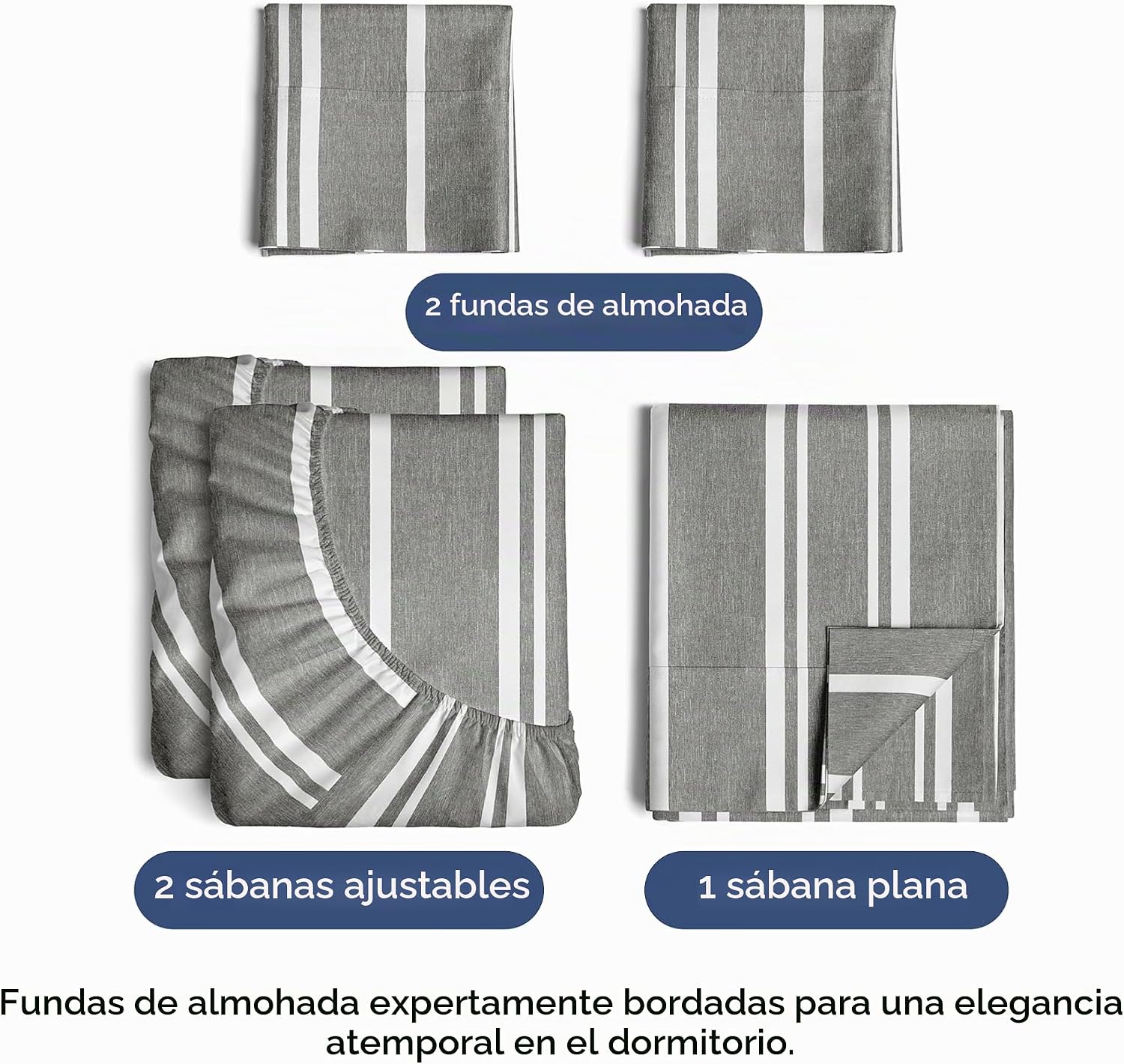 JUEGO DE SÁBANAS SPLIT KING 5 PIEZAS MICROFIBRA GRIS A RAYAS - 2