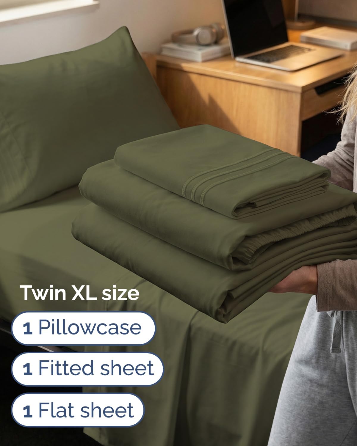 JUEGO DE SÁBANAS TWIN XL 3 PIEZAS MICROFIBRA VERDE SAGE - 3