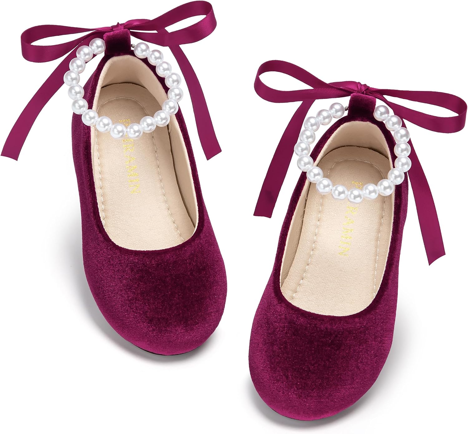 ZAPATOS PLANOS INFANTILES PHIRAMIN P20 TERCIOPELO PÚRPURA OSCURO CON FLORES Y CORREA DE PERLAS - 1