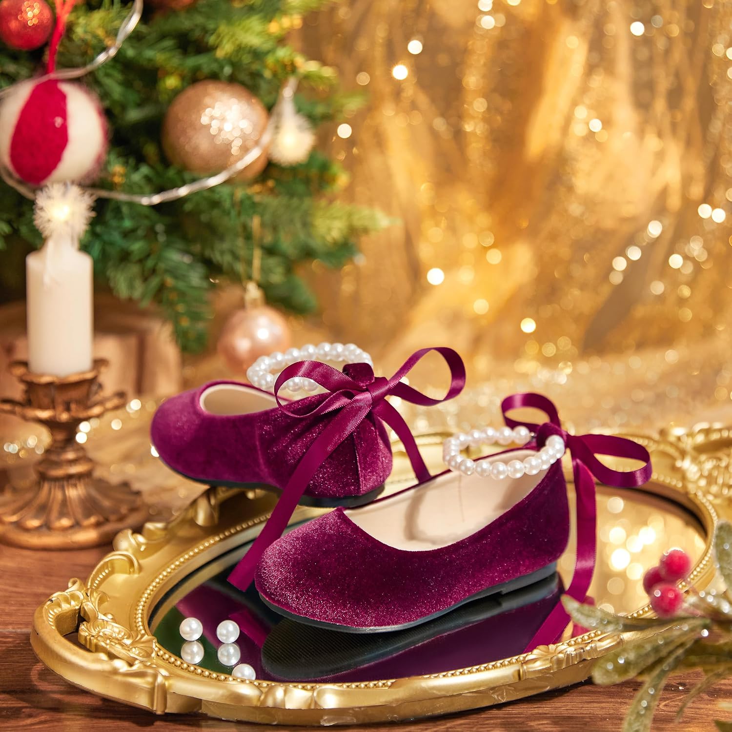 ZAPATOS PLANOS INFANTILES PHIRAMIN P20 TERCIOPELO PÚRPURA OSCURO CON FLORES Y CORREA DE PERLAS - 2