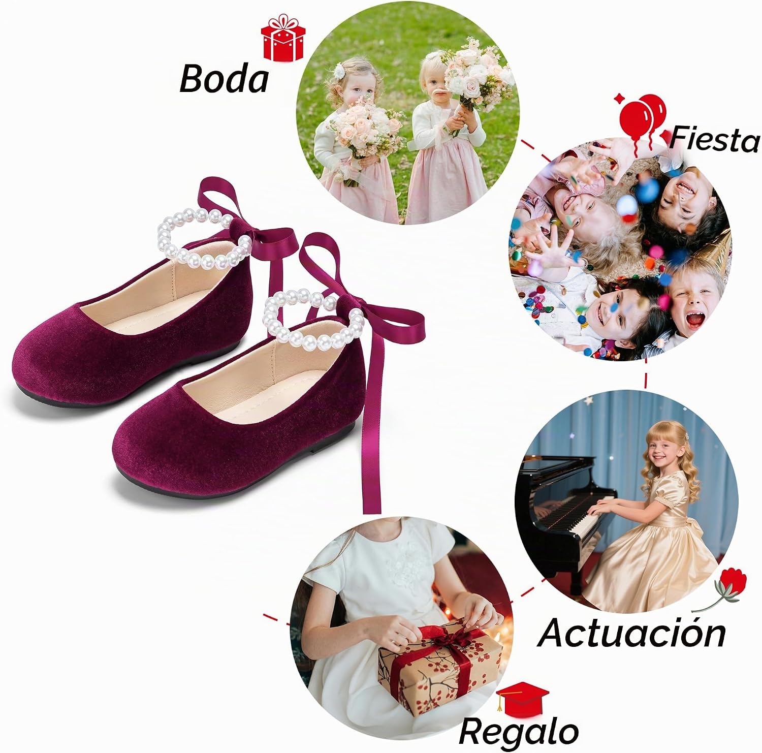 ZAPATOS PLANOS INFANTILES PHIRAMIN P20 TERCIOPELO PÚRPURA OSCURO CON FLORES Y CORREA DE PERLAS - 4