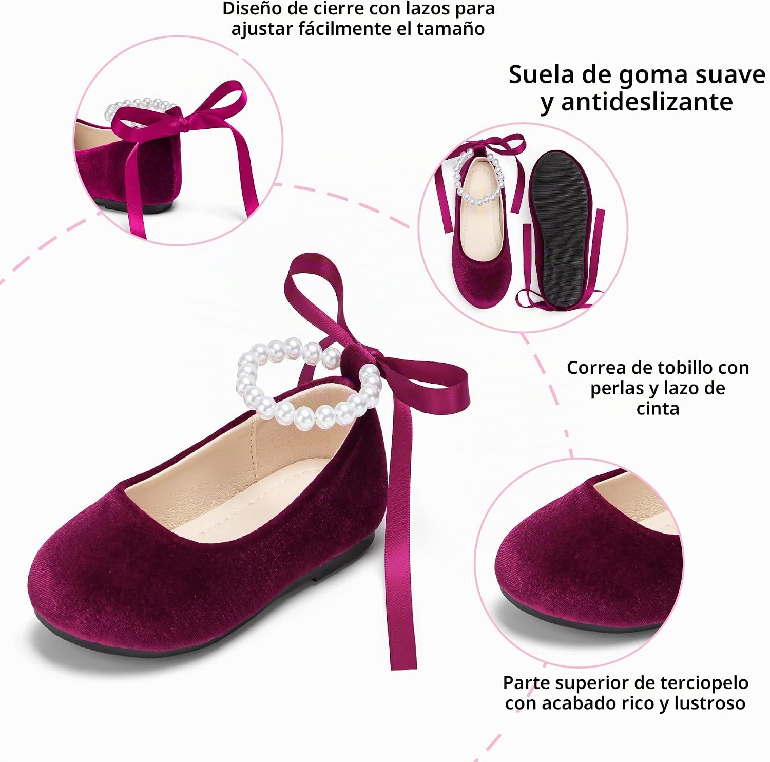 ZAPATOS PLANOS INFANTILES PHIRAMIN P20 TERCIOPELO PÚRPURA OSCURO CON FLORES Y CORREA DE PERLAS - 5