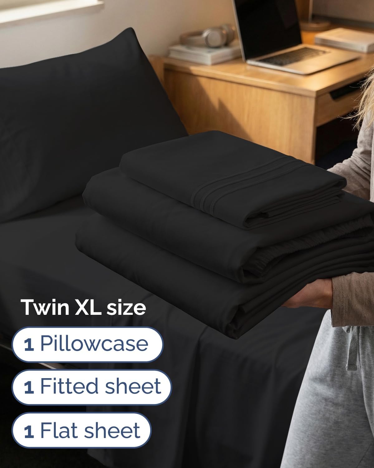 JUEGO DE SÁBANAS TWIN XL 3 PIEZAS MICROFIBRA NEGRO - 3