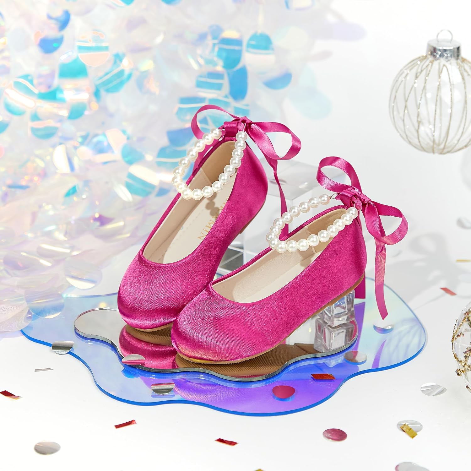 ZAPATOS PLANOS PHIRAMIN PARA NIÑA CON DISEÑO FLORAL Y CORREA DE PERLAS ROSA INTENSO - 3