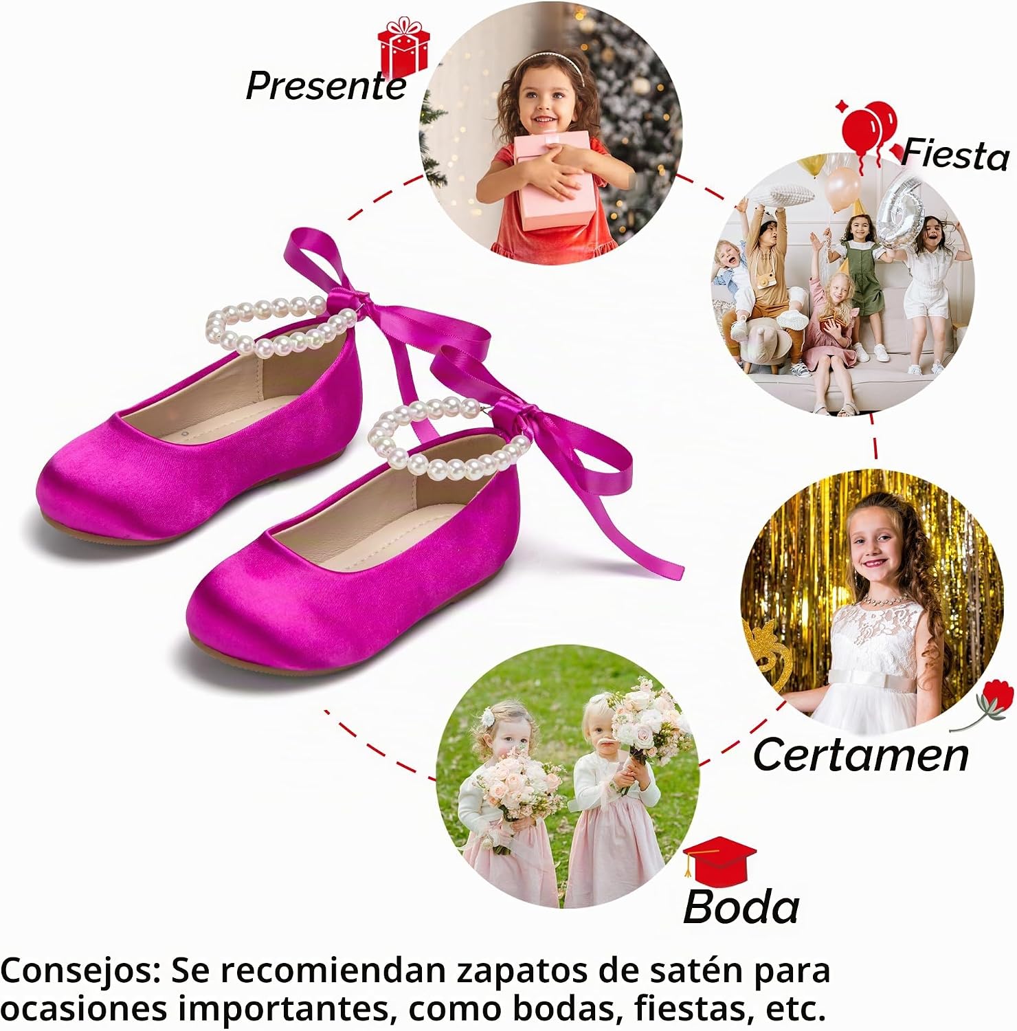 ZAPATOS PLANOS PHIRAMIN PARA NIÑA CON DISEÑO FLORAL Y CORREA DE PERLAS ROSA INTENSO - 4