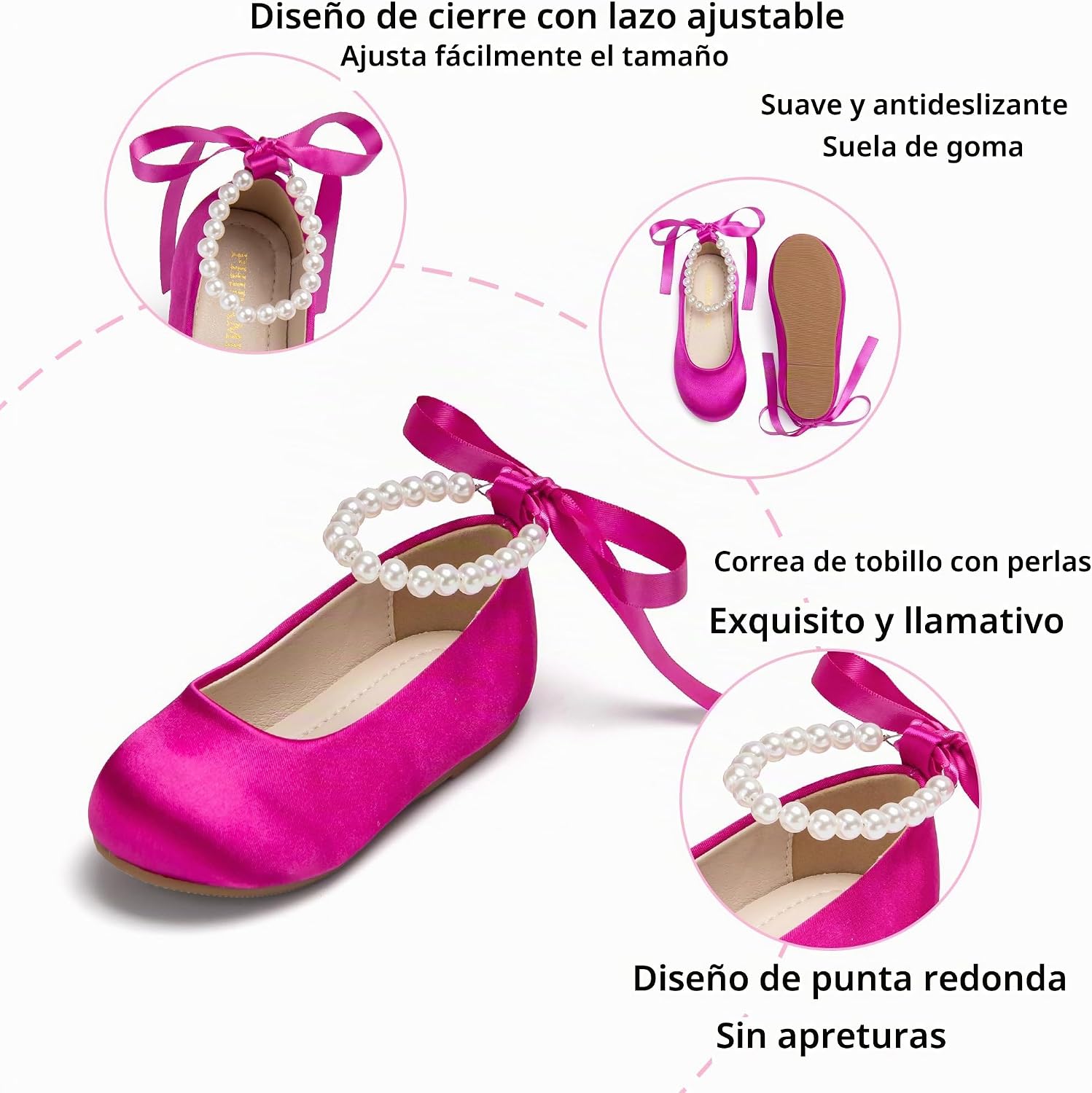 ZAPATOS PLANOS PHIRAMIN PARA NIÑA CON DISEÑO FLORAL Y CORREA DE PERLAS ROSA INTENSO - 5