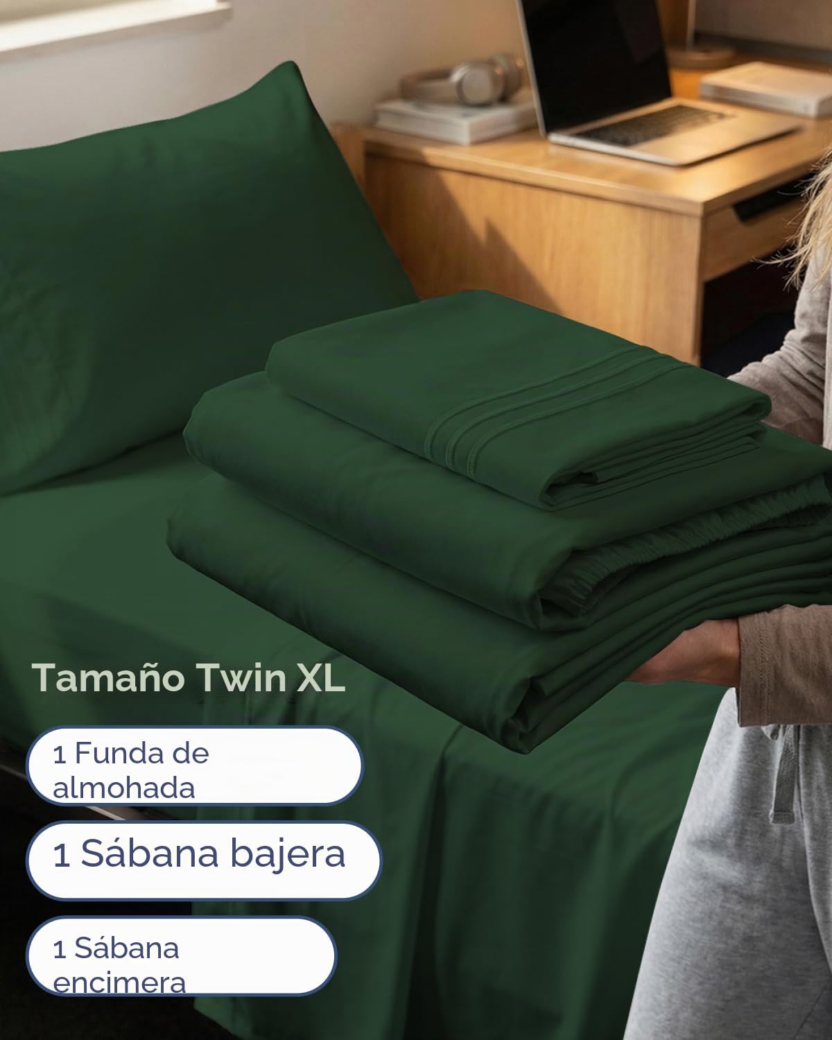 JUEGO DE SÁBANAS TWIN XL 3 PIEZAS CGK UNLIMITED MICROFIBRA VERDE ESMERALDA - 3