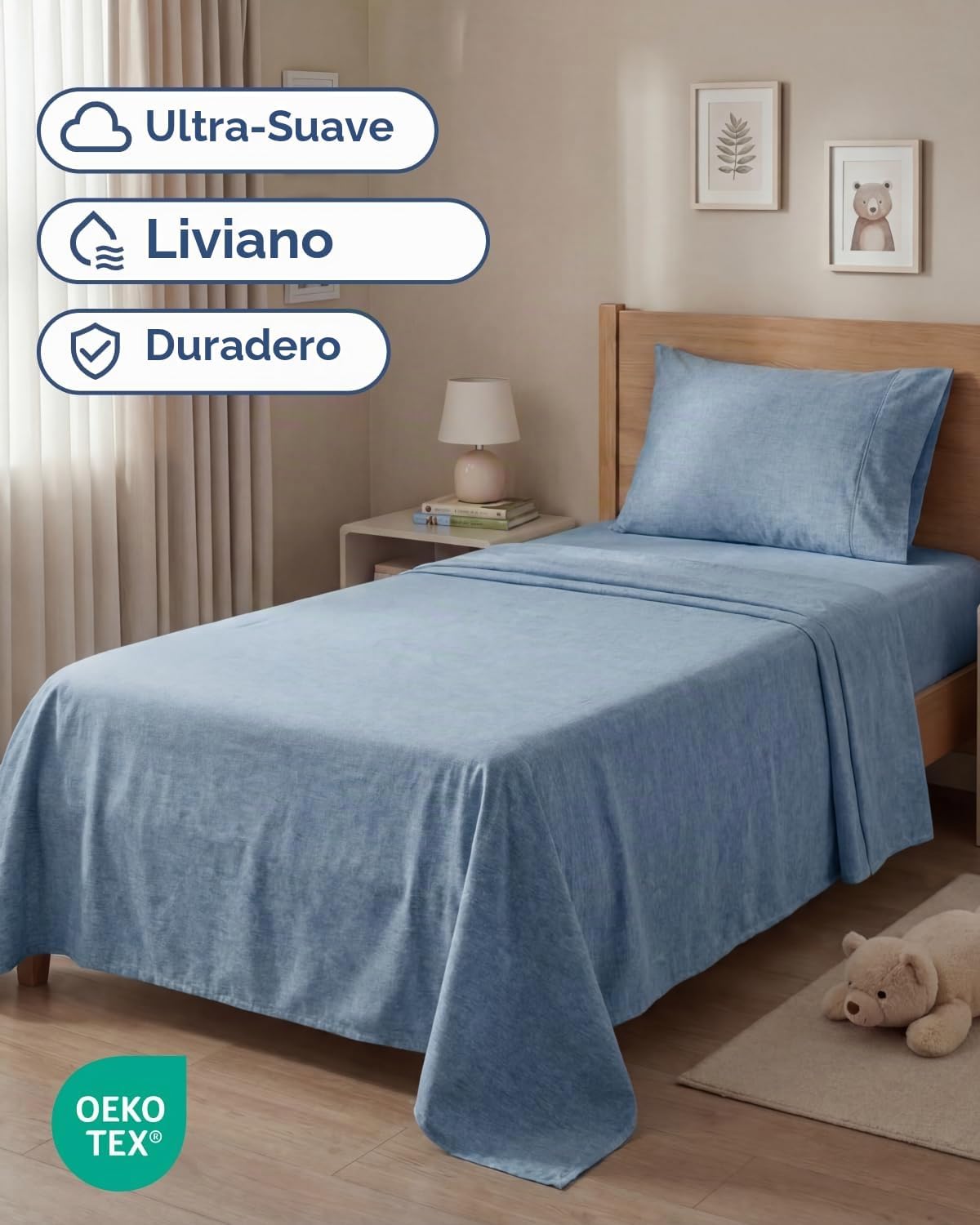 JUEGO DE SÁBANAS TWIN SIZE 3 PIEZAS MICROFIBRA AZUL JASPEADO - 2