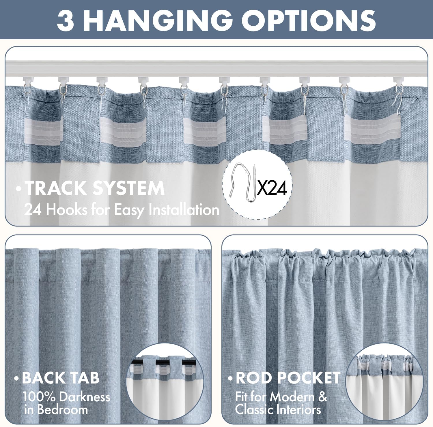 CORTINA DE TELA MIULEE 100% BLACKOUT LINO AZUL CLARO 40 X 108 PULGADAS - 5