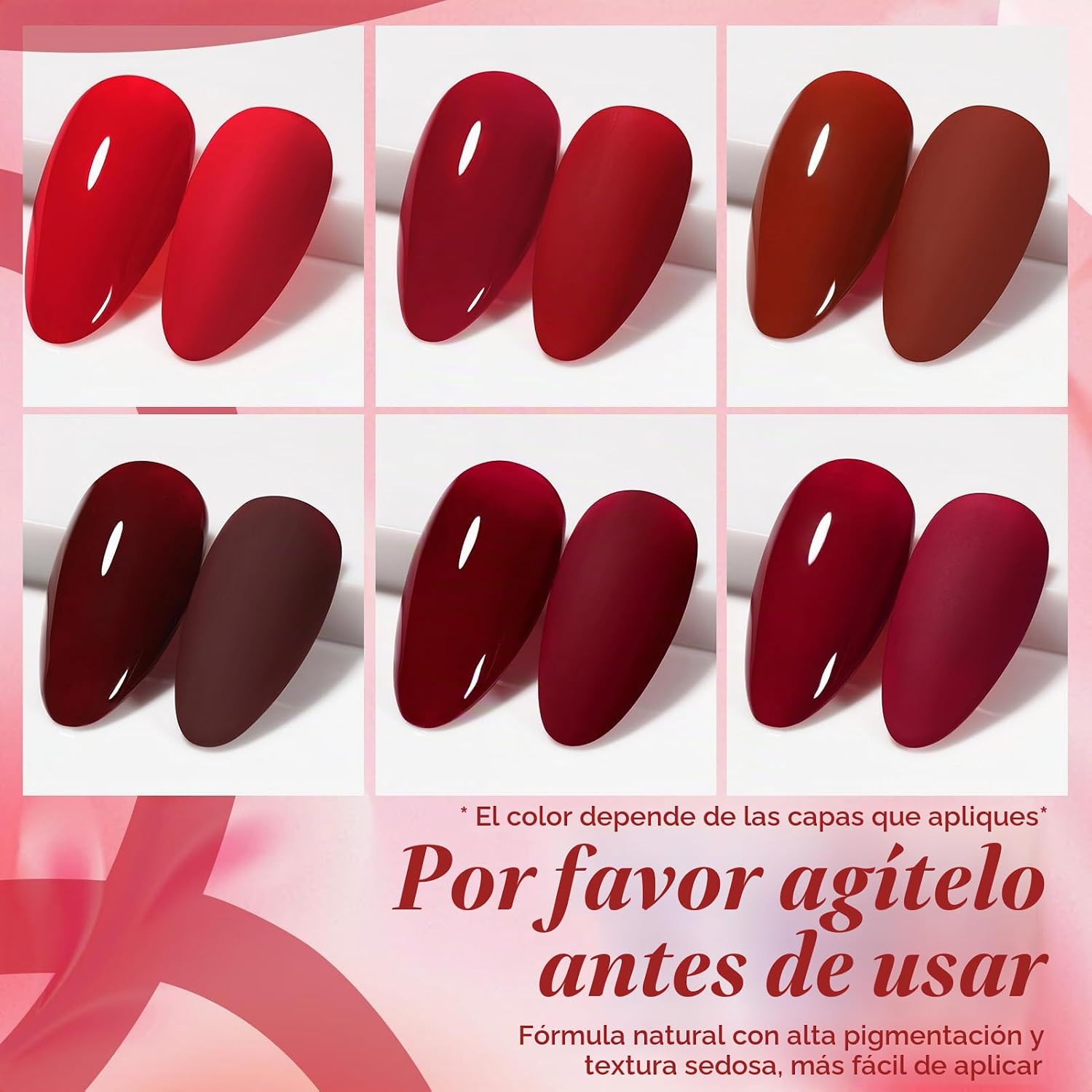 ESMALTE DE UÑAS GEL BORN PRETTY ROJO OSCURO BURDEO SET 6 BOTELLAS 7ML - 2