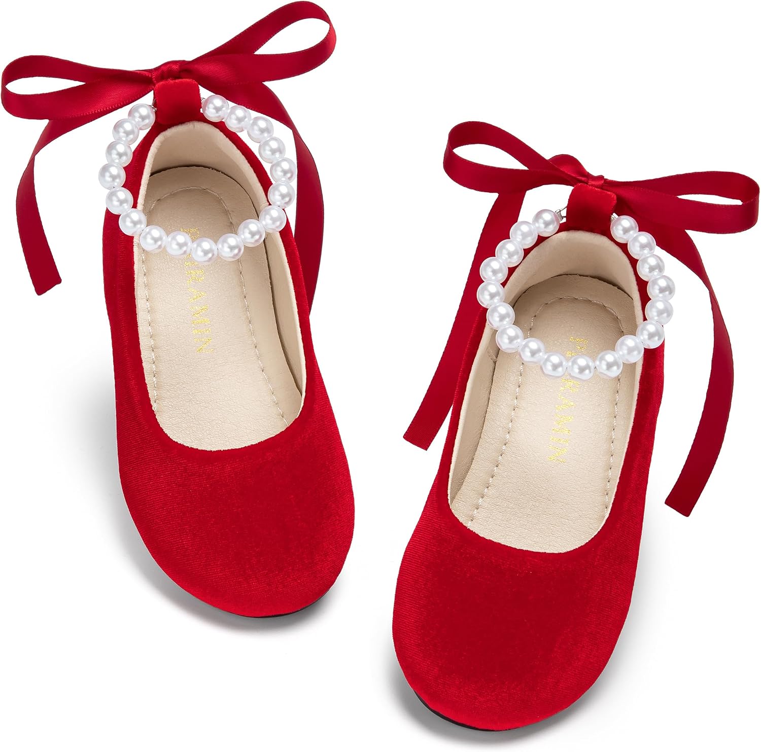 ZAPATOS PLANOS INFANTILES PHIRAMIN P20 TERCIOPELO ROJO CON FLORES Y LAZOS - 1
