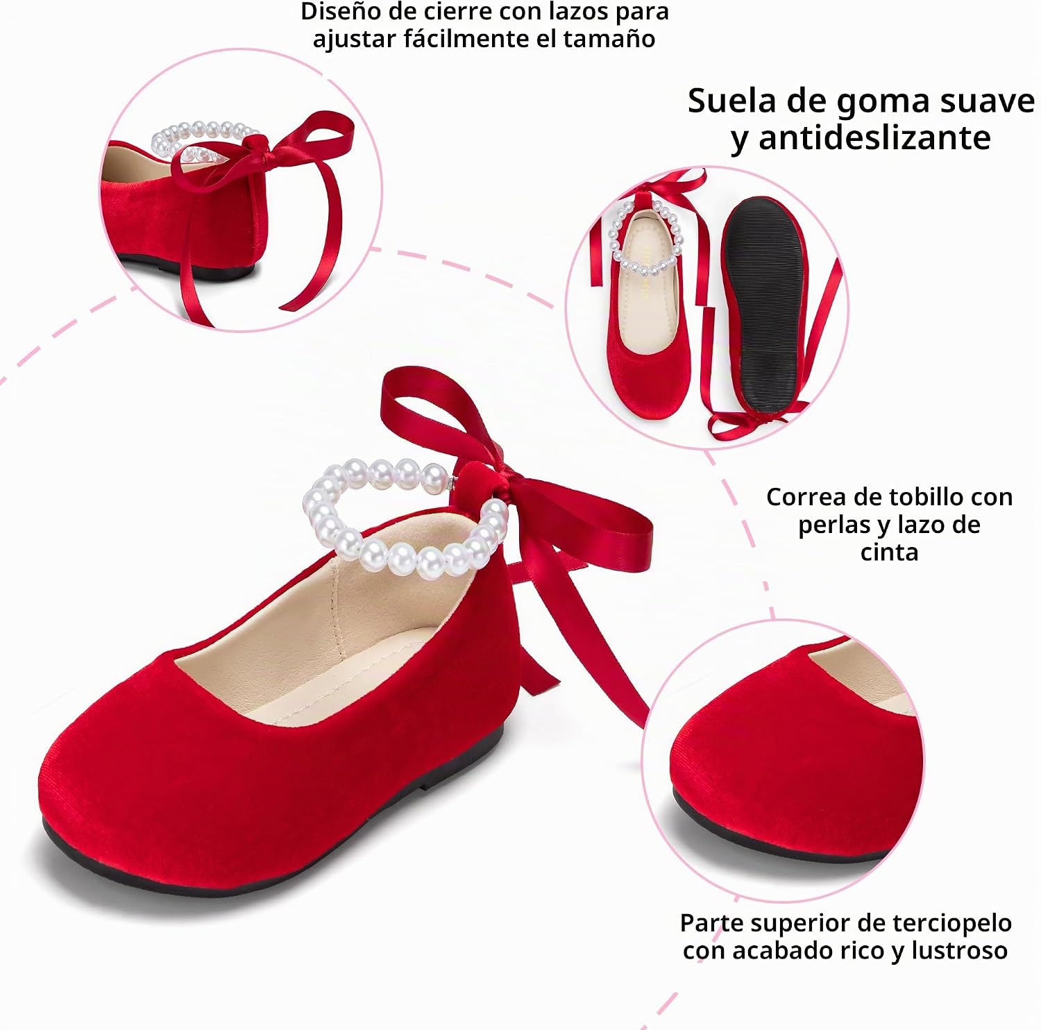 ZAPATOS PLANOS INFANTILES PHIRAMIN P20 TERCIOPELO ROJO CON FLORES Y LAZOS - 5