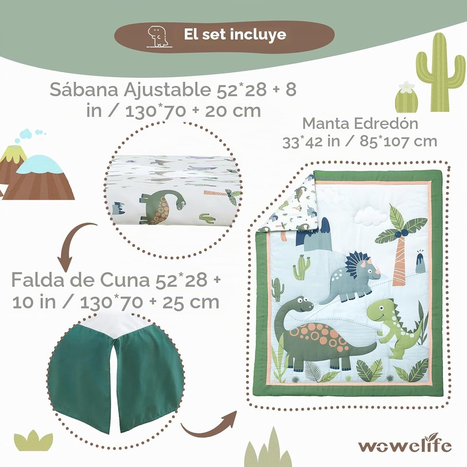 SET DE CAMA PARA CUNA WOWELIFE DINOSAURIO VERDE 3 PIEZAS - 5