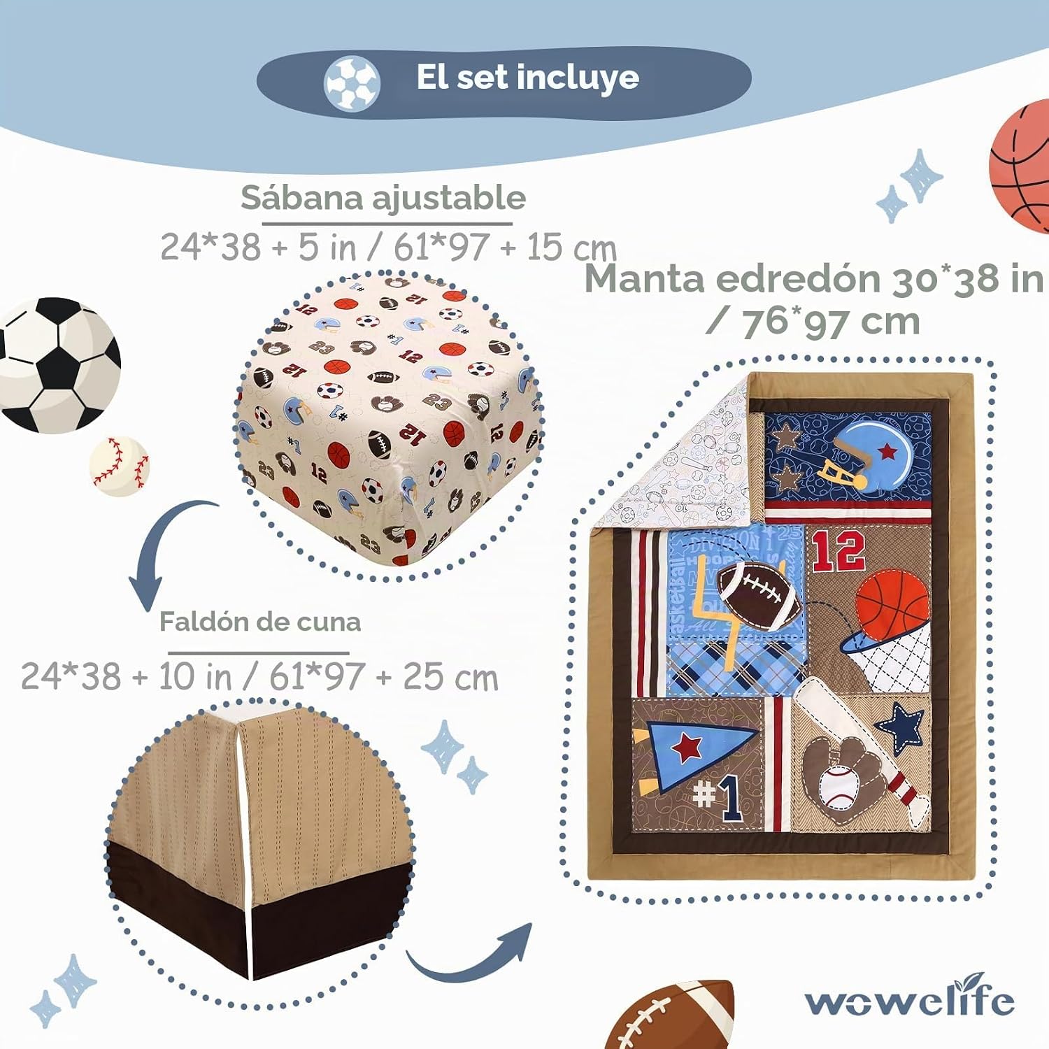 SET DE CAMA MINI CUNA 3 PIEZAS WOWELIFE DEPORTES MARRÓN - 3