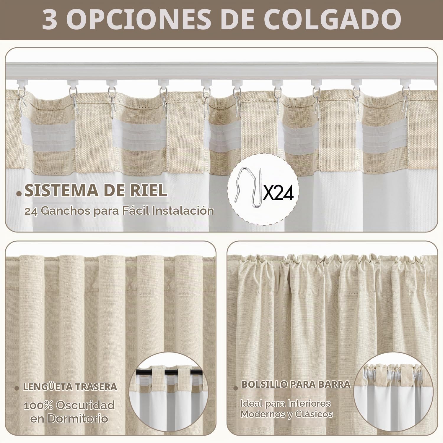 CORTINA DE TELA MIULEE 100% BLACKOUT LINEN 40 X 90 PULGADAS IVORY 2 PANELES - 5