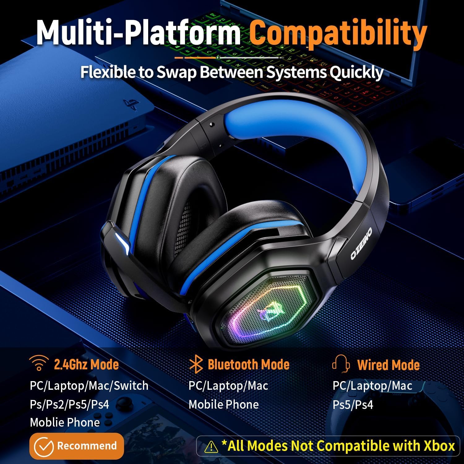 HEADSET GAMING OZEINO 2.4GHZ WIRELESS CON MICRÓFONO FLIP PARA PS5, PS4, PC - 5
