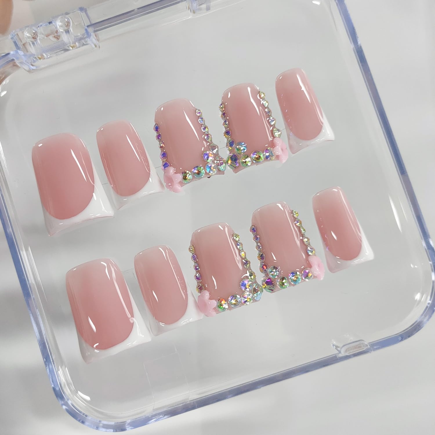 UÑAS POSTIZAS CORTAS DUCK WHITE FRENCH TIP CON FLORES 3D Y STRASS, 10 PIEZAS TALLA M - 5