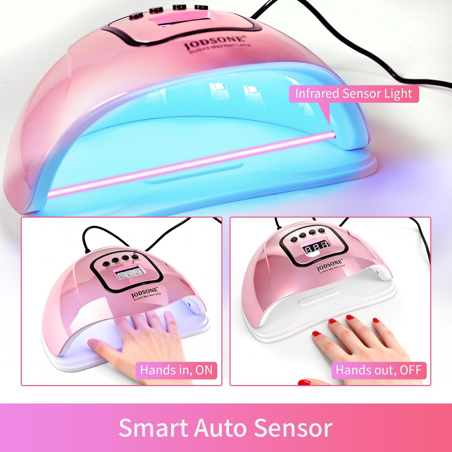 LÁMPARA UV LED JODSONE PARA UÑAS DE GEL ROSA CON 4 TEMPORIZADORES Y SENSOR AUTOMÁTICO - 3