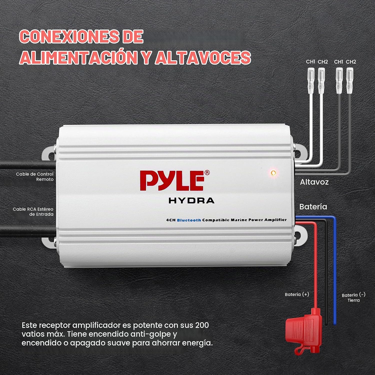 AMPLIFICADOR MARINO PYLE AUTO 4 CANALES 200W RMS BLUETOOTH BLANCO - 4