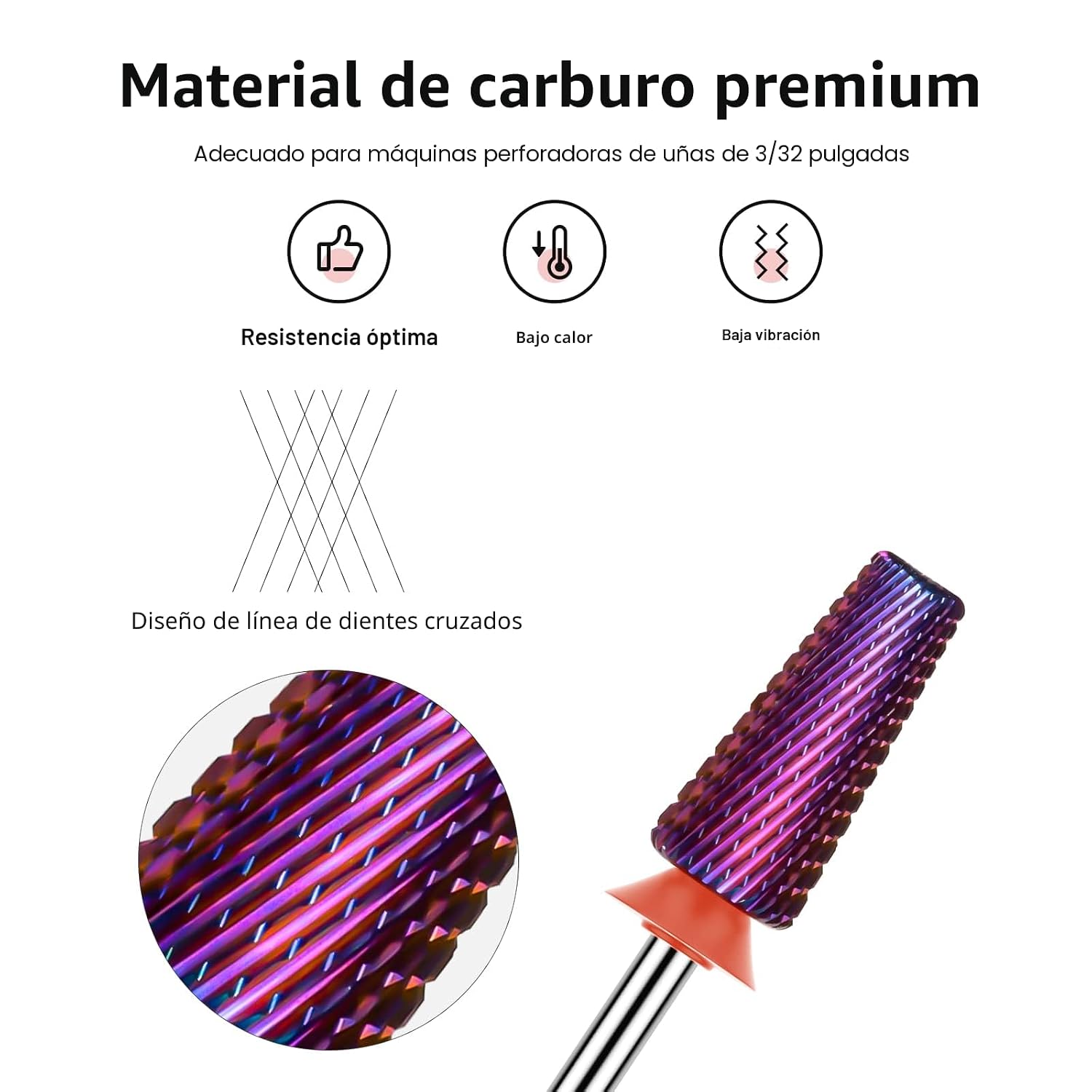 FRESAS DE CARBURO MELODYSUSIE PROFESSIONAL 5 EN 1 PARA TORNO DE UÑAS, 3/32'', PÚRPURA, GRANO FINO - 2