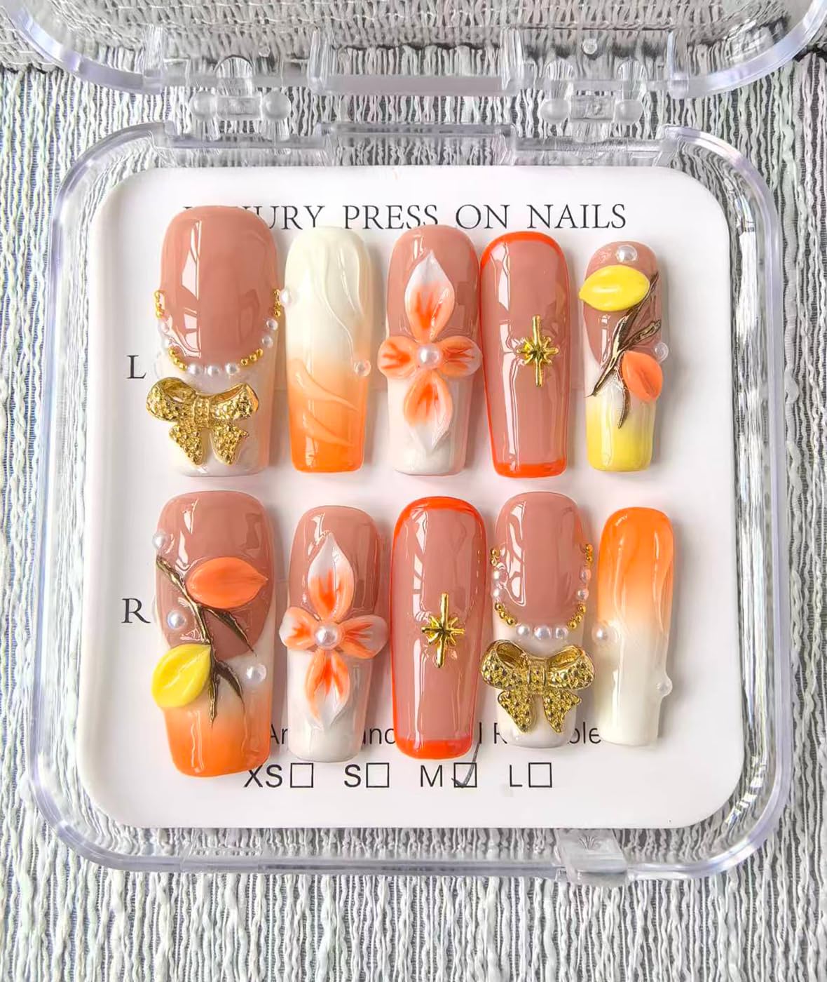 UÑAS POSTIZAS PRESS ON MEEMOORON CUADRADAS LARGAS AMARILLO CON DISEÑO FLOR 3D TALLA M 10 PIEZAS - 2