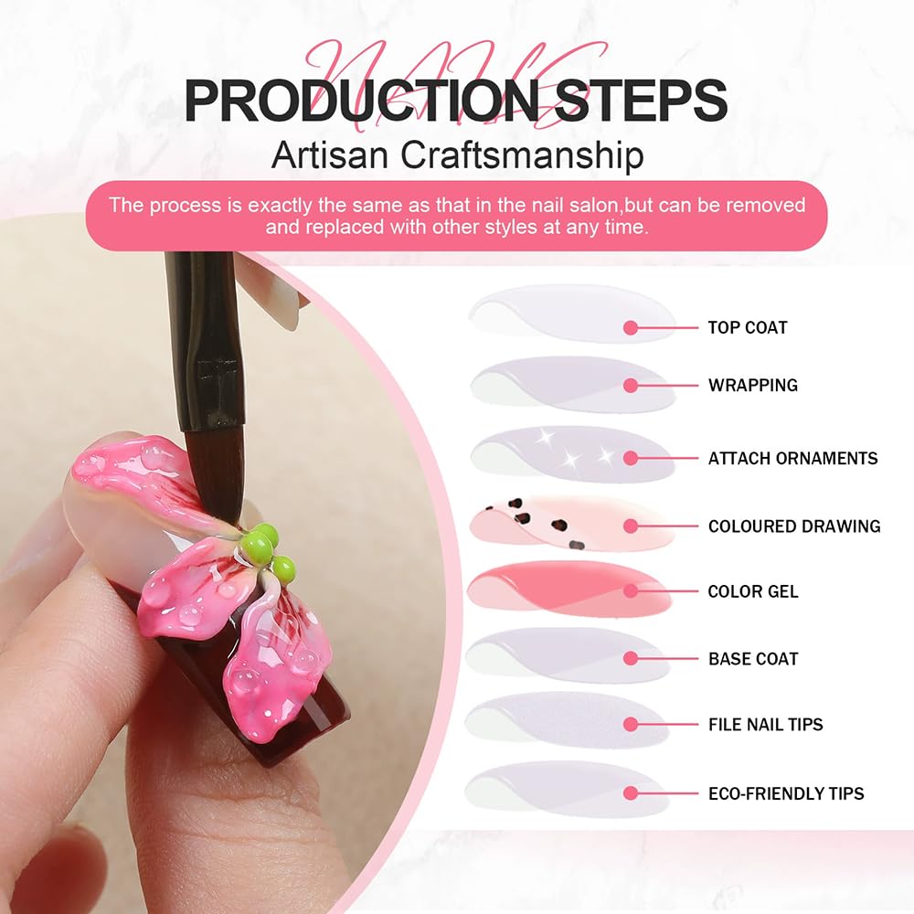 UÑAS POSTIZAS PRESS ON MEEMOORON CUADRADAS LARGAS AMARILLO CON DISEÑO FLOR 3D TALLA M 10 PIEZAS - 4