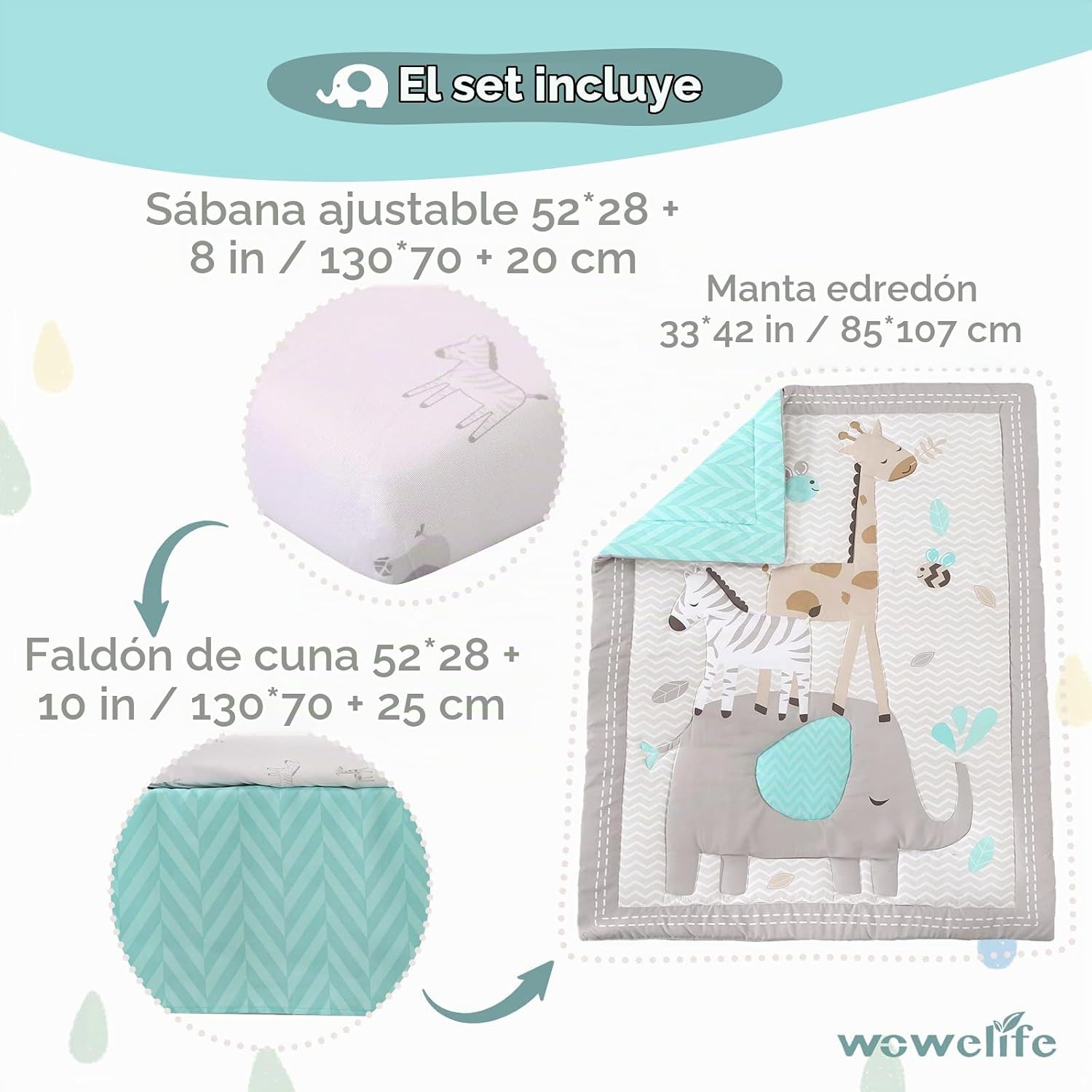 SET DE CAMA PARA CUNA WOWELIFE ELEPHANT GRIS 3 PIEZAS - 3