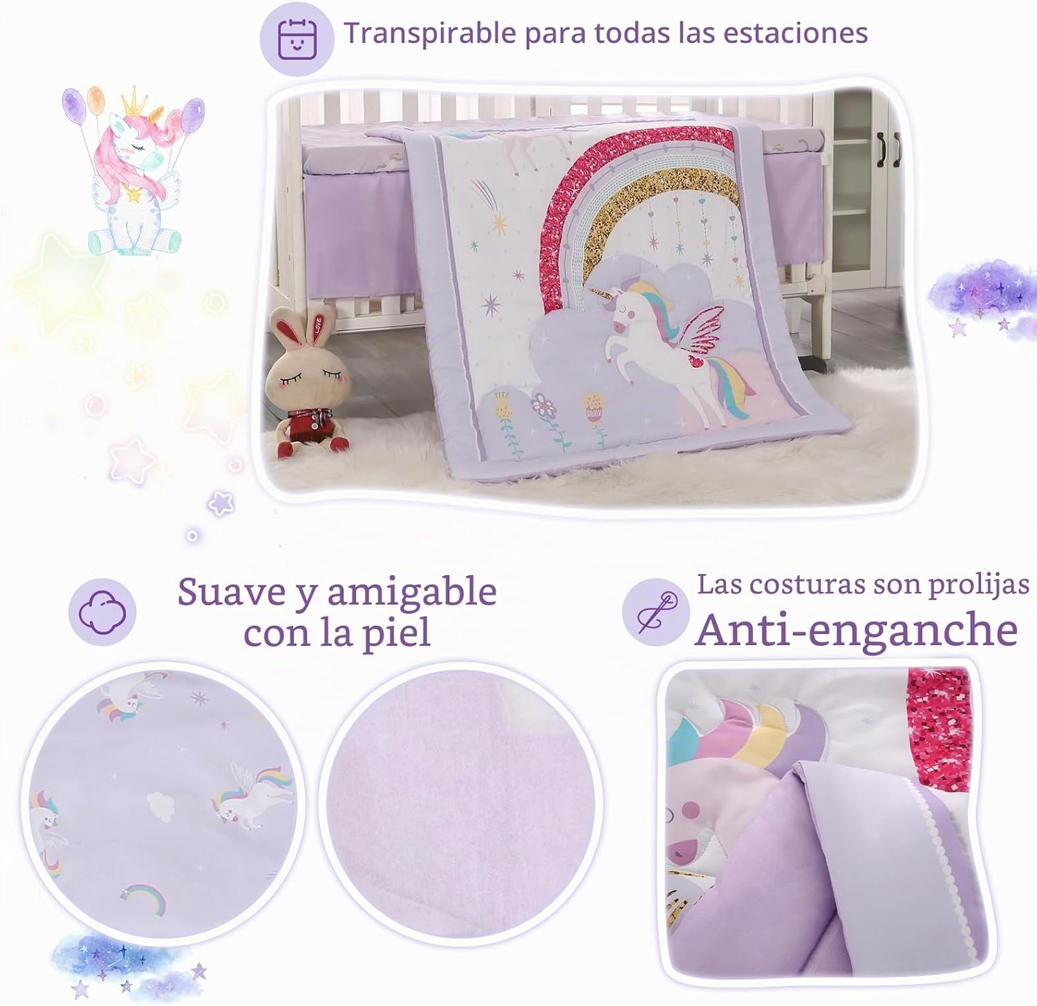 SET DE CAMA MINI CUNA 3 PIEZAS WOWELIFE UNICORNIO PÚRPURA - 3