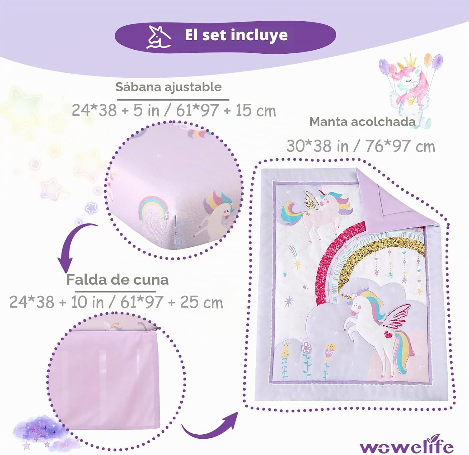 SET DE CAMA MINI CUNA 3 PIEZAS WOWELIFE UNICORNIO PÚRPURA - 5