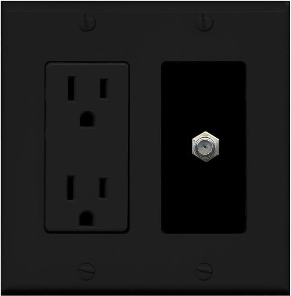 PLACA DECORATIVA DE PARED RITEAV CON TOMA DE CORRIENTE 15 AMP Y PUERTO COAXIAL TV F-TYPE, COLOR NEGRO - 1