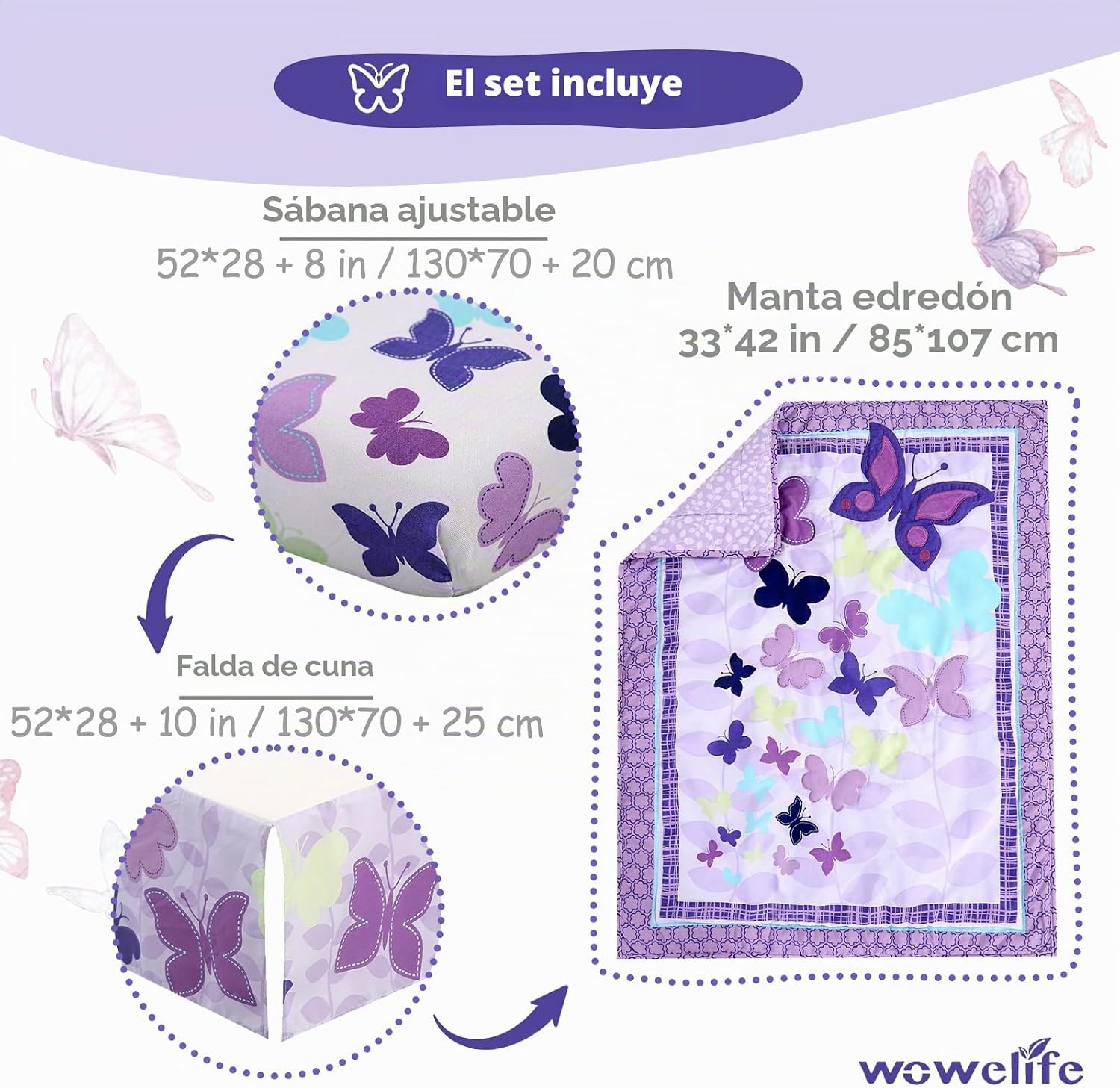SET DE CAMA PARA CUNA WOWELIFE DISEÑO MARIPOSAS PÚRPURA 3 PIEZAS - 3