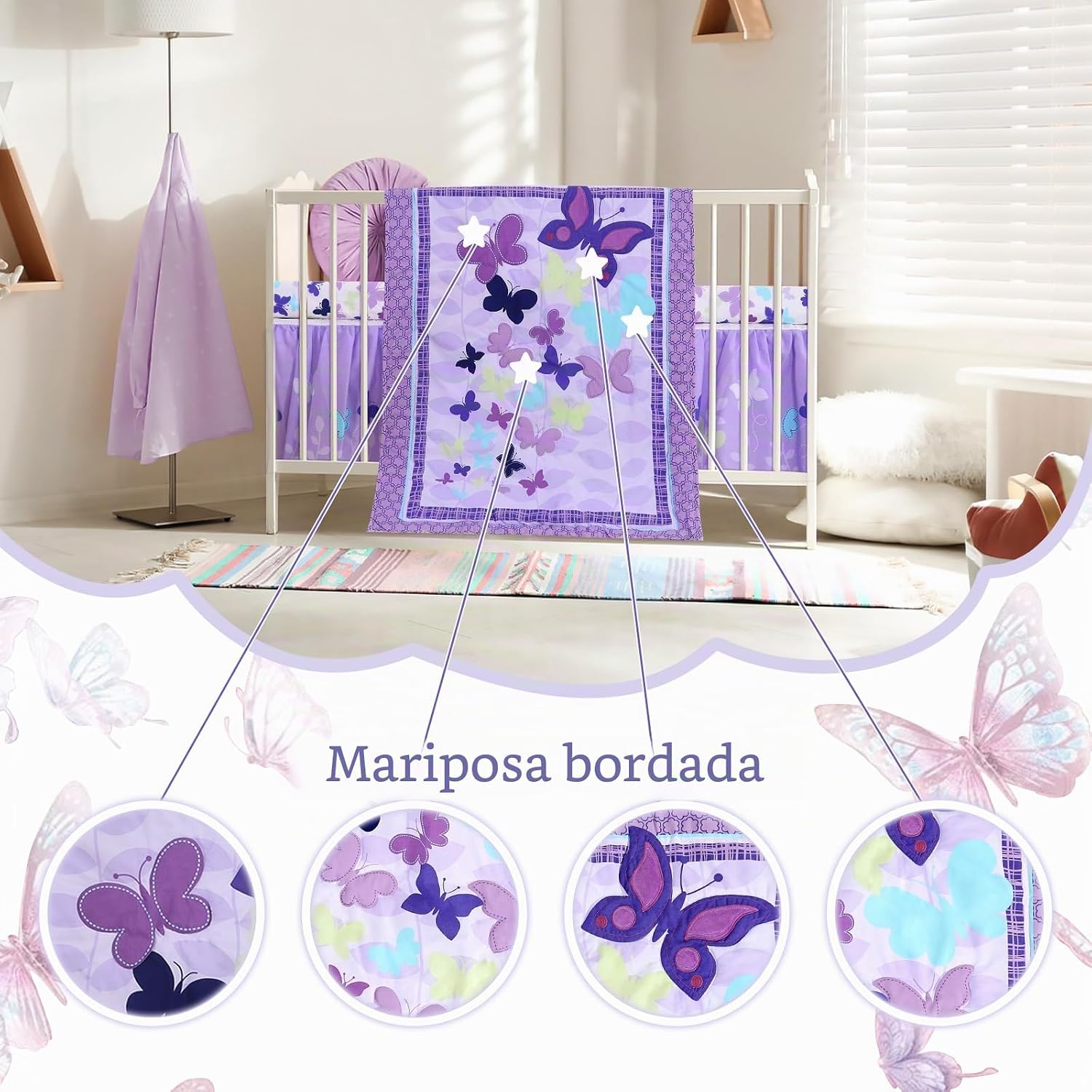 SET DE CAMA PARA CUNA WOWELIFE DISEÑO MARIPOSAS PÚRPURA 3 PIEZAS - 4