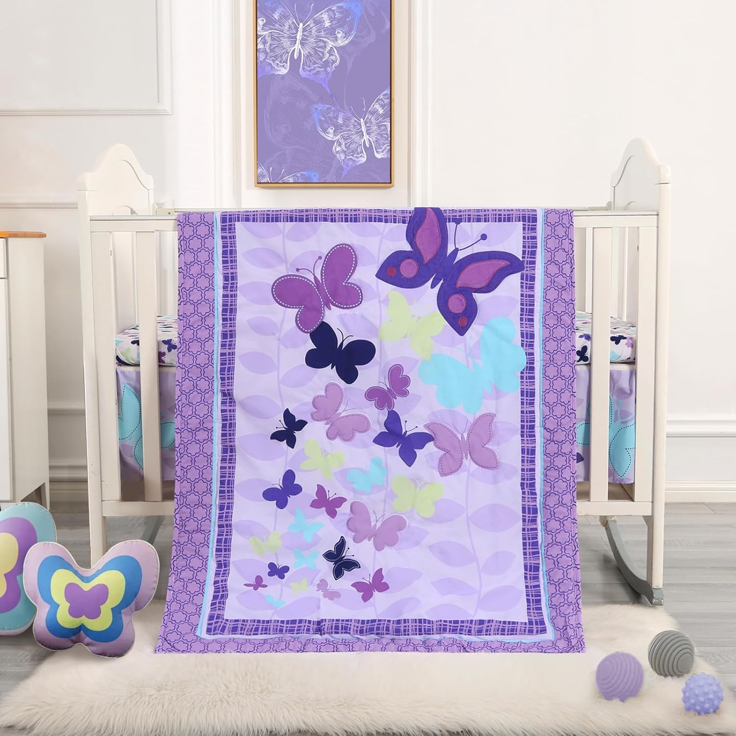 SET DE CAMA PARA CUNA MINI WOWELIFE DISEÑO MARIPOSAS PÚRPURA 3 PIEZAS - 1