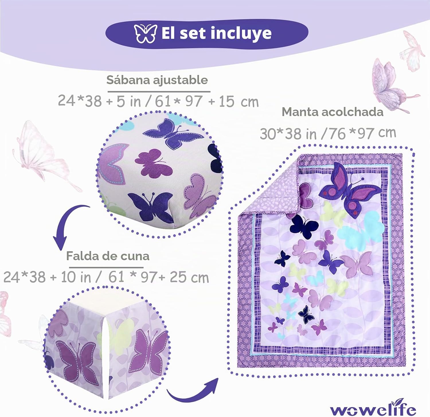SET DE CAMA PARA CUNA MINI WOWELIFE DISEÑO MARIPOSAS PÚRPURA 3 PIEZAS - 3