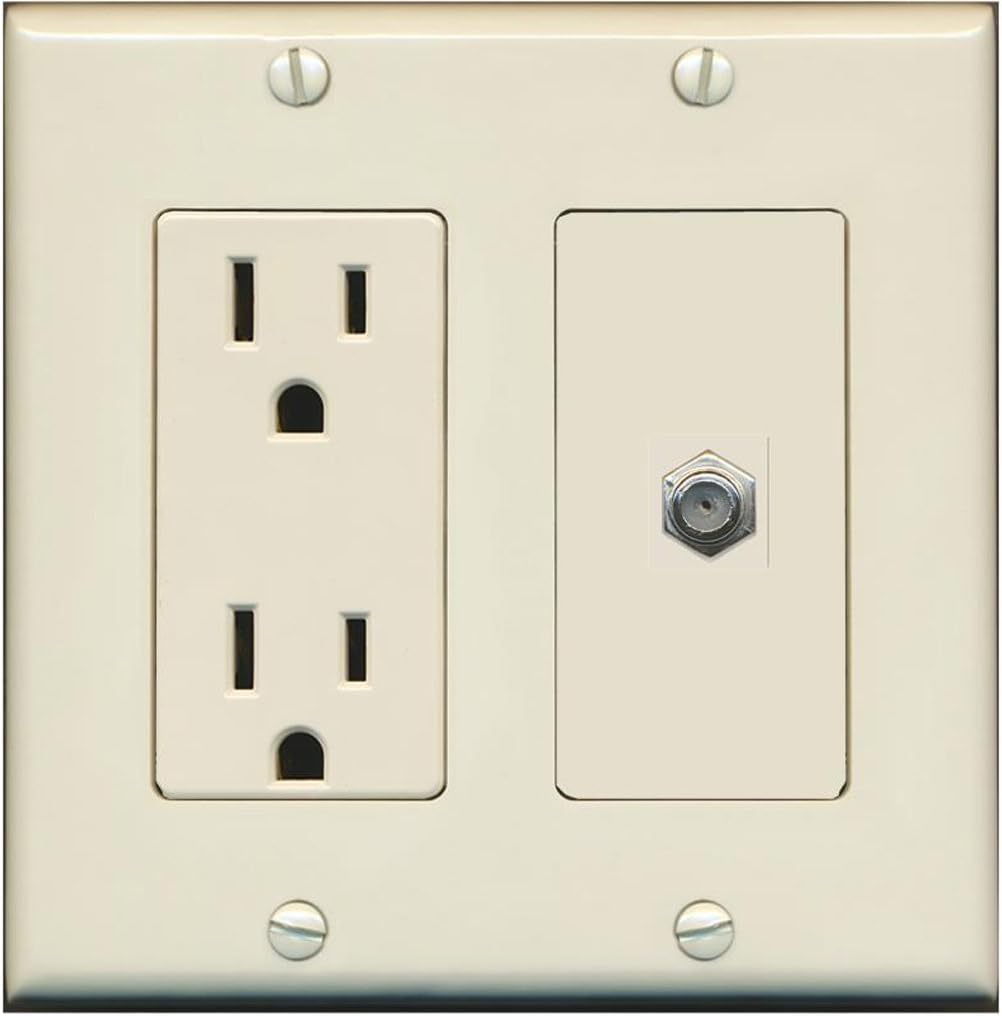 PLACA DECORATIVA DE PARED RITEAV CON TOMA DE CORRIENTE 15 AMP Y PUERTO COAXIAL F-TYPE, COLOR ALMENDRA - 1