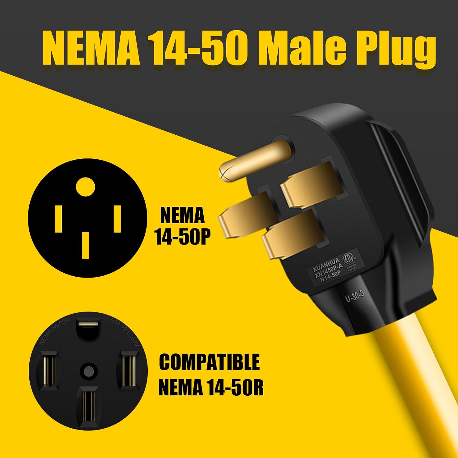 CABLE DE EXTENSIÓN NEMA 14-50P 50 AMP 125V/250V 3 PIES PARA RANGO RV CARGADOR EV - 4