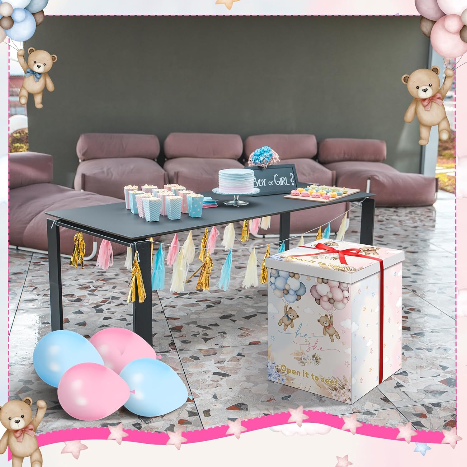 CAJA REVELADORA DE GÉNERO HUNGDAO BOHO BEAR CON 10 GLOBOS - 4