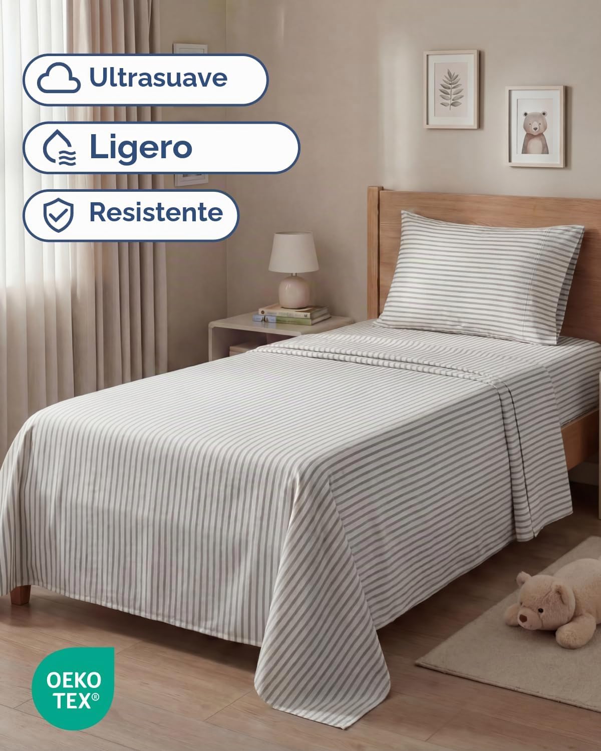 JUEGO DE SÁBANAS TWIN SIZE 3 PIEZAS MICROFIBRA RAYAS GRIS - 2