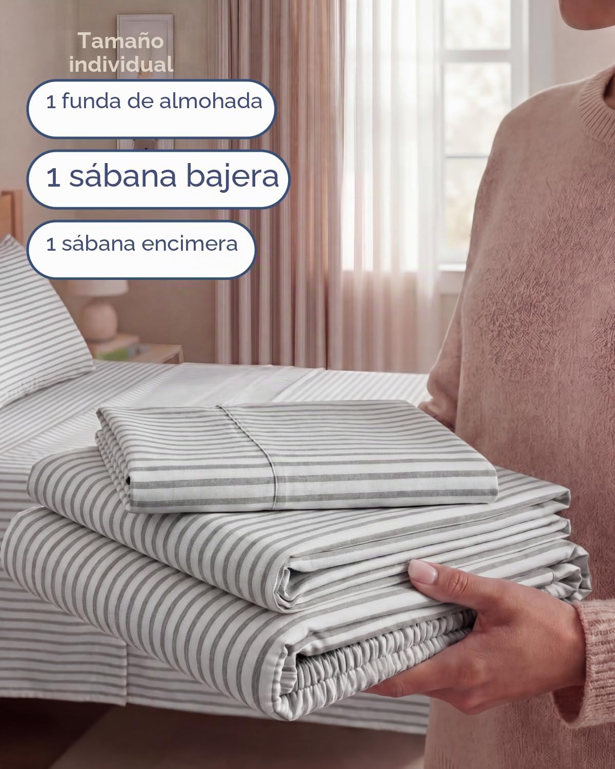 JUEGO DE SÁBANAS TWIN SIZE 3 PIEZAS MICROFIBRA RAYAS GRIS - 3