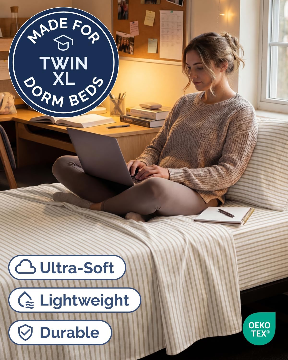 JUEGO DE SÁBANAS TWIN XL 3 PIEZAS MICROFIBRA BEIGE RAYAS - 2