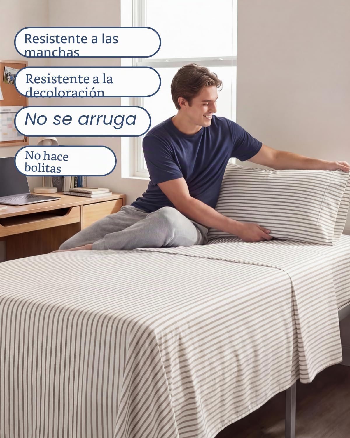 JUEGO DE SÁBANAS TWIN XL 3 PIEZAS MICROFIBRA BEIGE RAYAS - 5